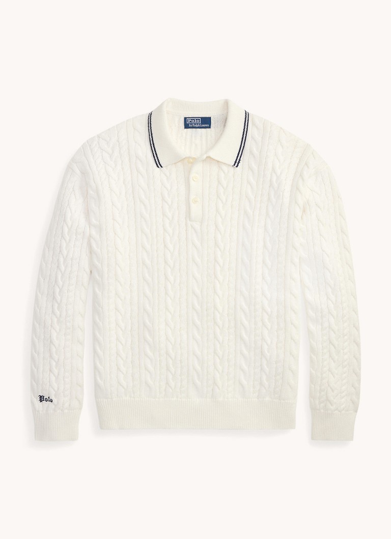Ralph Lauren Heren Relaxed fit kabelgebreide trui in linnenblend met polokraag in de kleur Trophy Cream / Crème