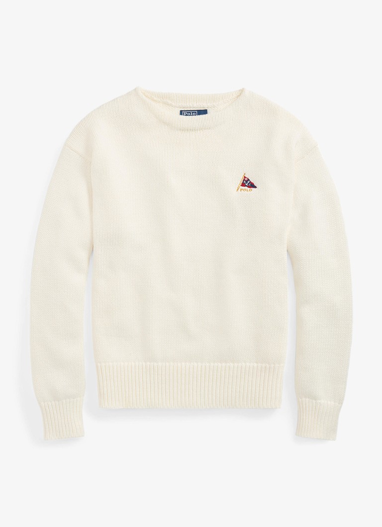 Ralph Lauren Heren Grofgebreide trui met logoborduring in de kleur Trophy Cream / Crème