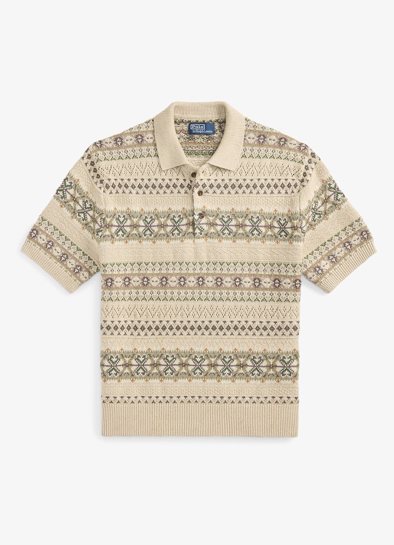 Ralph Lauren Heren Fair Isle fijngebreide slim fit polo in linnenblend met ingebreid patroon in de kleur Tan Combo / Beige