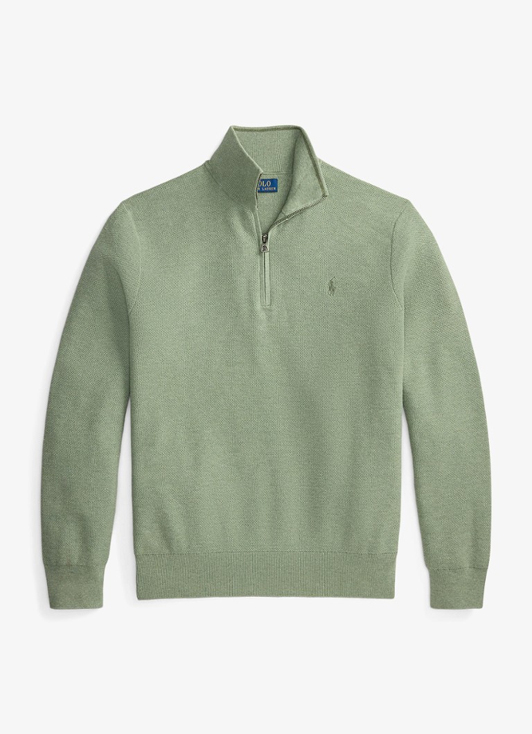 Ralph Lauren Heren Fijngebreide trui met halve rits en logoborduring in de kleur Fern Green Heather / Groen