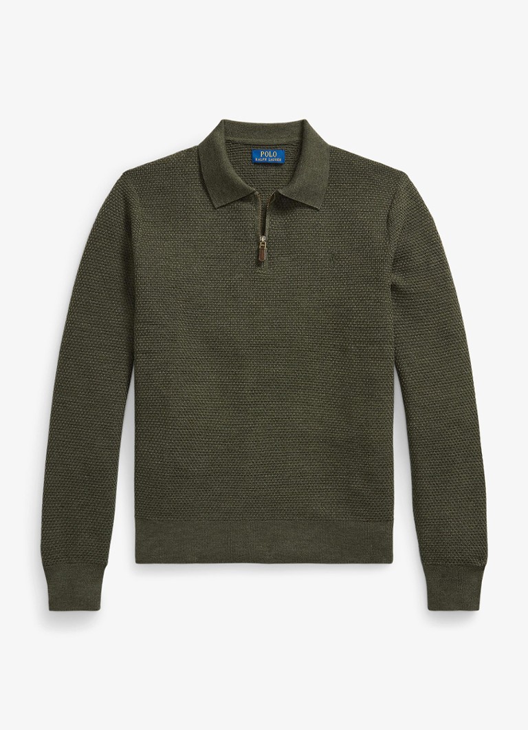 Ralph Lauren Heren Grofgebreide trui van wol met halve rits in de kleur Cargo Olive Heather / Olijfgroen