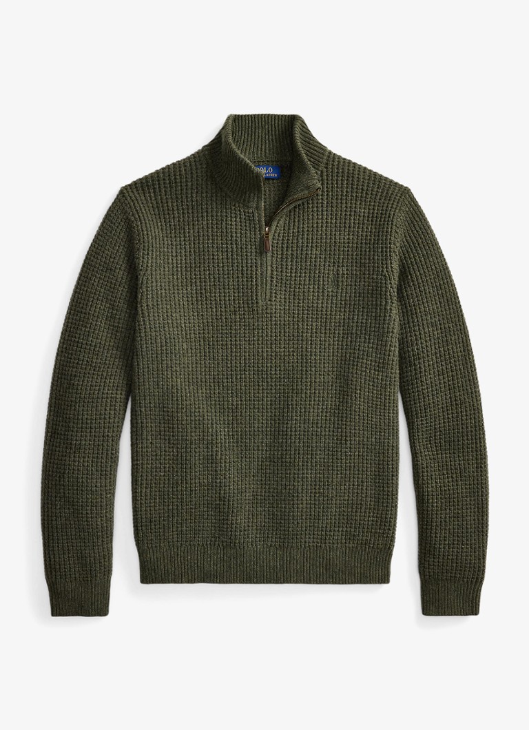 Ralph Lauren Heren Grofgebreide trui in wolblend met halve rits in de kleur Olive Shrub Heather-ZXQG / Groen