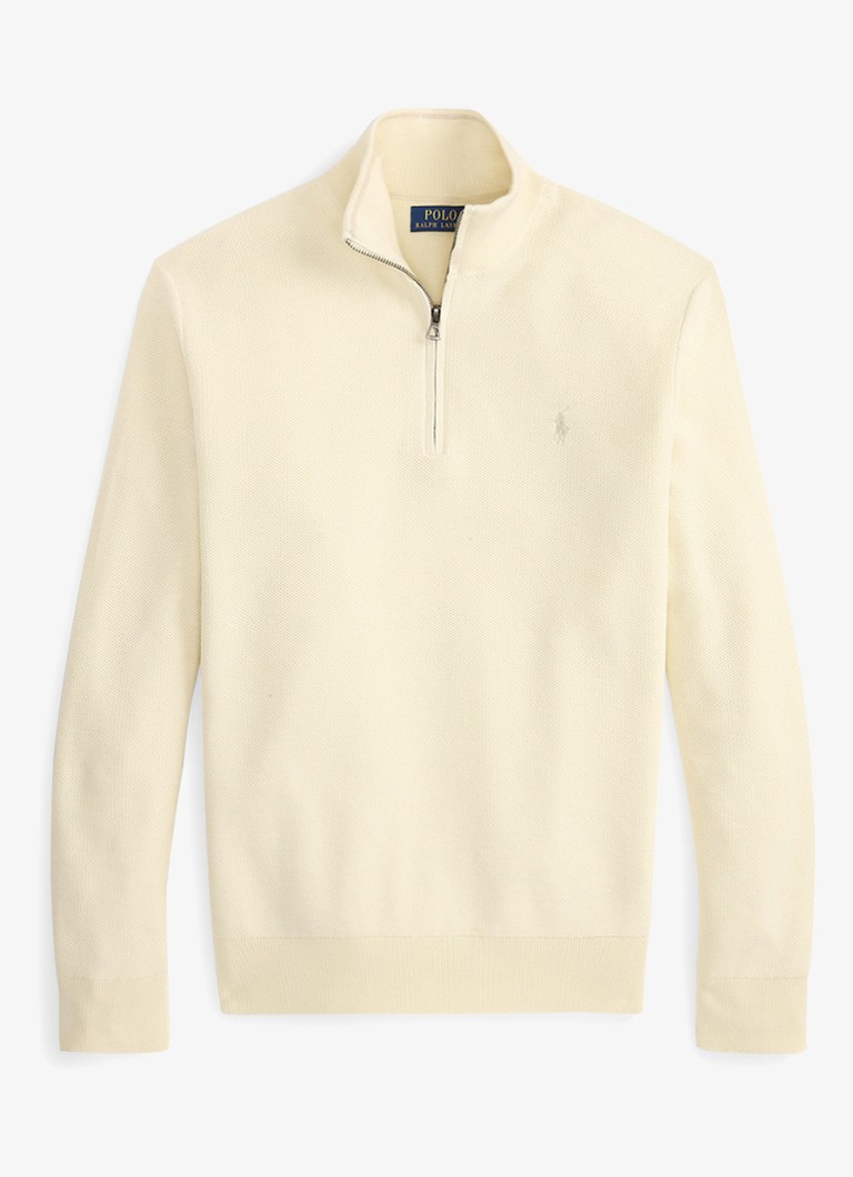 Ralph Lauren Heren Fijngebreide trui met halve rits en logoborduring in de kleur Andover Cream / Crème