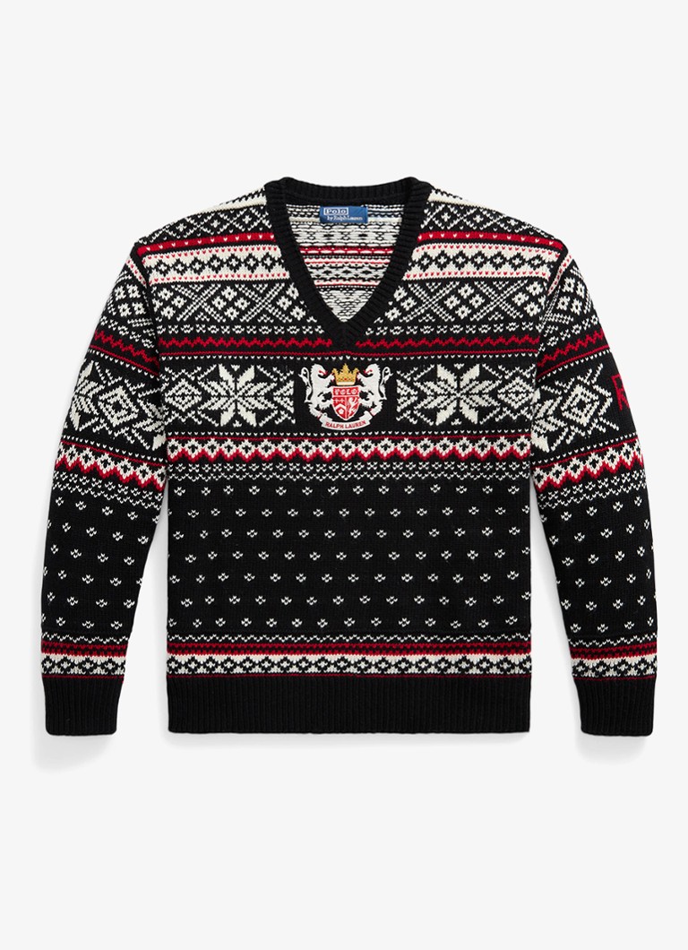 Ralph Lauren Heren Grofgebreide trui van wol met ingebreid patroon in de kleur Black Combo / Zwart
