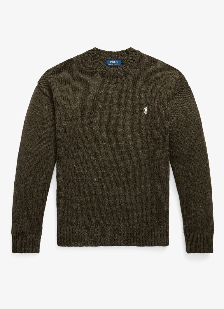 Ralph Lauren Heren Grofgebreide trui in wolblend met logo in de kleur Olive Brown Marl / Bruin