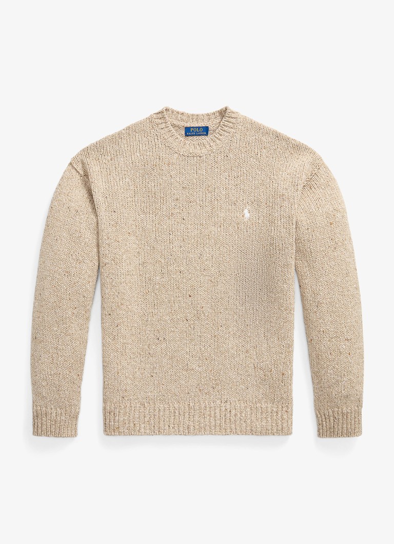 Ralph Lauren Heren Grofgebreide trui in wolblend met logo in de kleur Oatmeal Marl / Beige