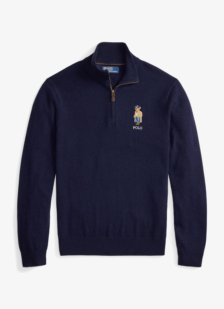 Ralph Lauren Heren Fijngebreide trui van wol met halve rits in de kleur Hunter Navy / Donkerblauw