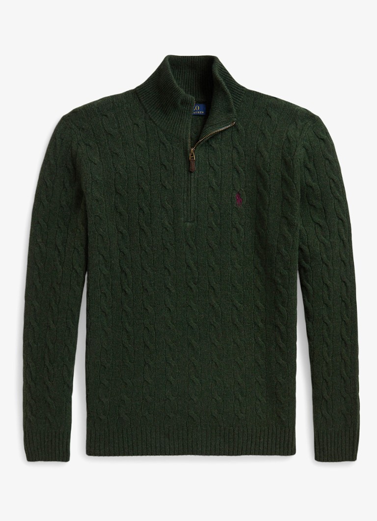 Ralph Lauren Heren Kabelgebreide trui in kasjmierblend met halve rits in de kleur Lodgepole Pine Heather / Donkergroen