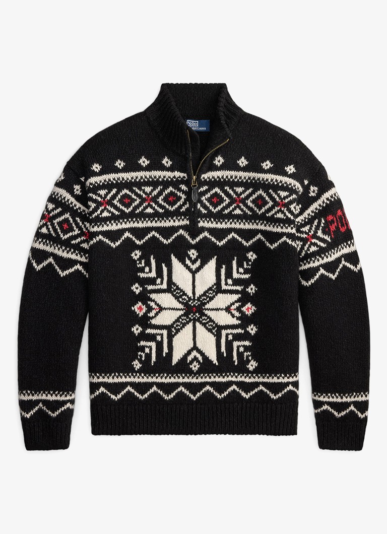 Ralph Lauren Heren Grofgebreide trui van wol met ingebreid patroon en halve rits in de kleur Black Combo / Zwart