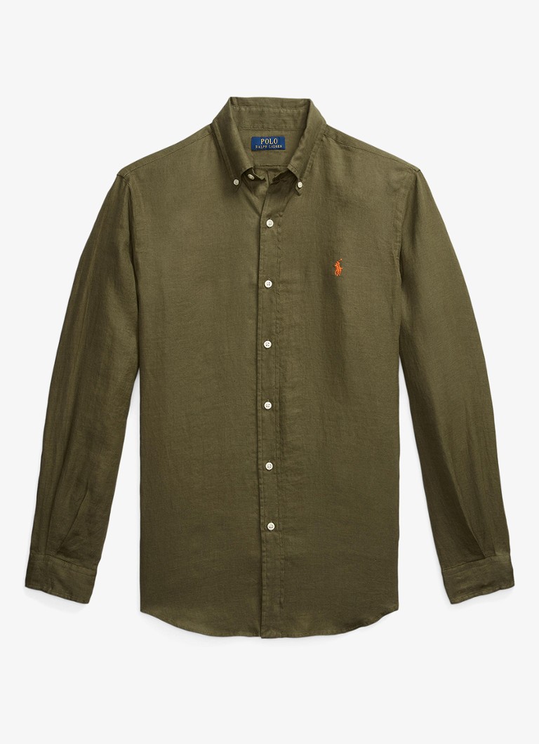 Ralph Lauren Heren Custom Fit overhemd van linnen in de kleur New Olive / Olijfgroen