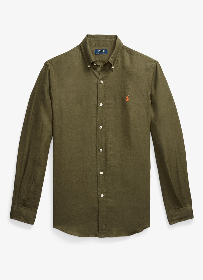 Ralph Lauren Heren Custom Fit overhemd van linnen in de kleur New Olive / Olijfgroen