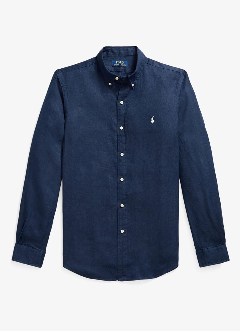 Ralph Lauren Heren Slim fit overhemd van linnen met logoborduring in de kleur Newport Navy / White / Donkerblauw