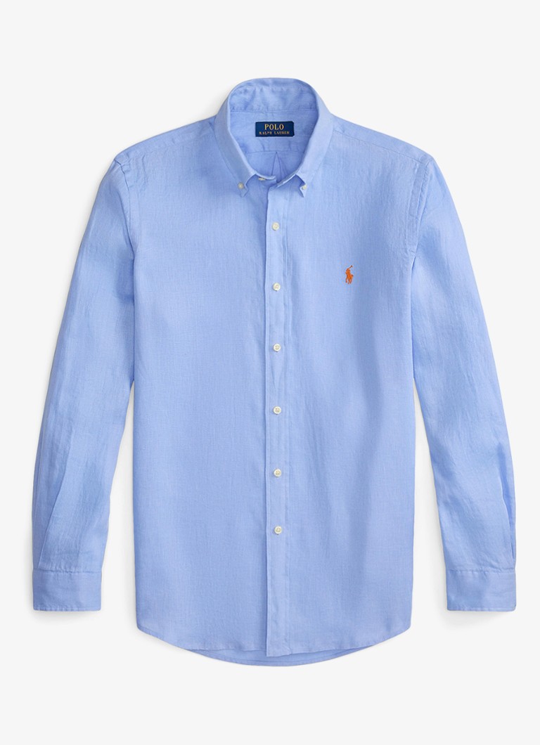 Ralph Lauren Heren Slim fit overhemd van linnen met logoborduring in de kleur Austin Blue / Blauw