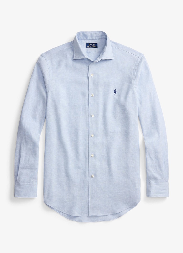 Ralph Lauren Heren Custom fit overhemd in linnenblend in de kleur 7189 Blue White / Blauw