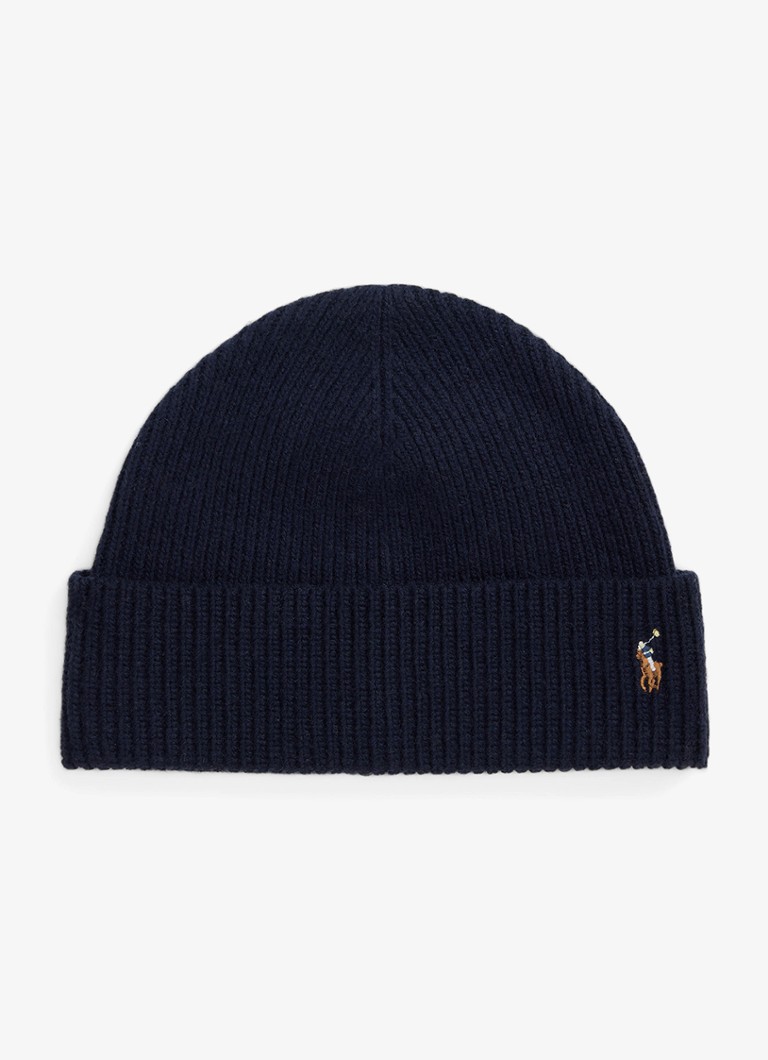Ralph Lauren Heren Ribgebreide muts in wolblend in de kleur Hunter Navy / Donkerblauw