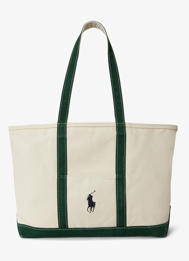 Ralph Lauren Heren Shopper van canvas met logoborduring in de kleur Cream/Green / Crème