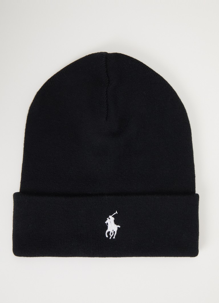 Ralph Lauren Heren Fijngebreide muts met logoborduring in de kleur Polo Black / Zwart
