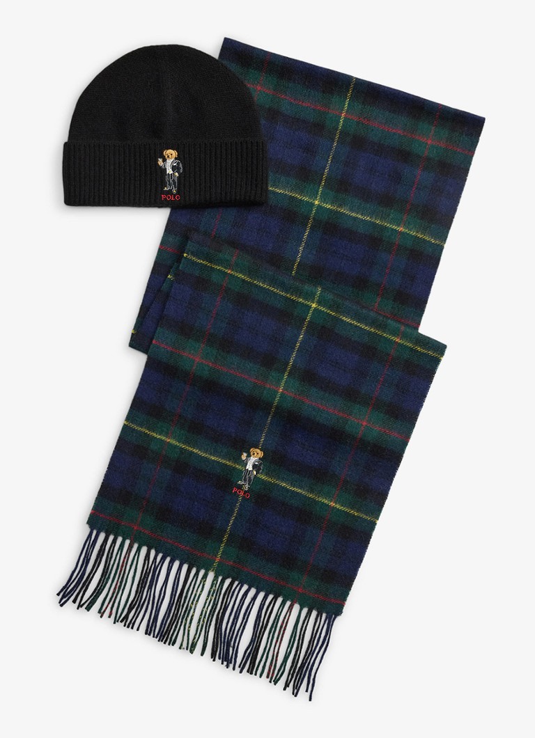 Ralph Lauren Heren Muts en sjaal in kasjmierblend in giftbox in de kleur Multi / Zwart