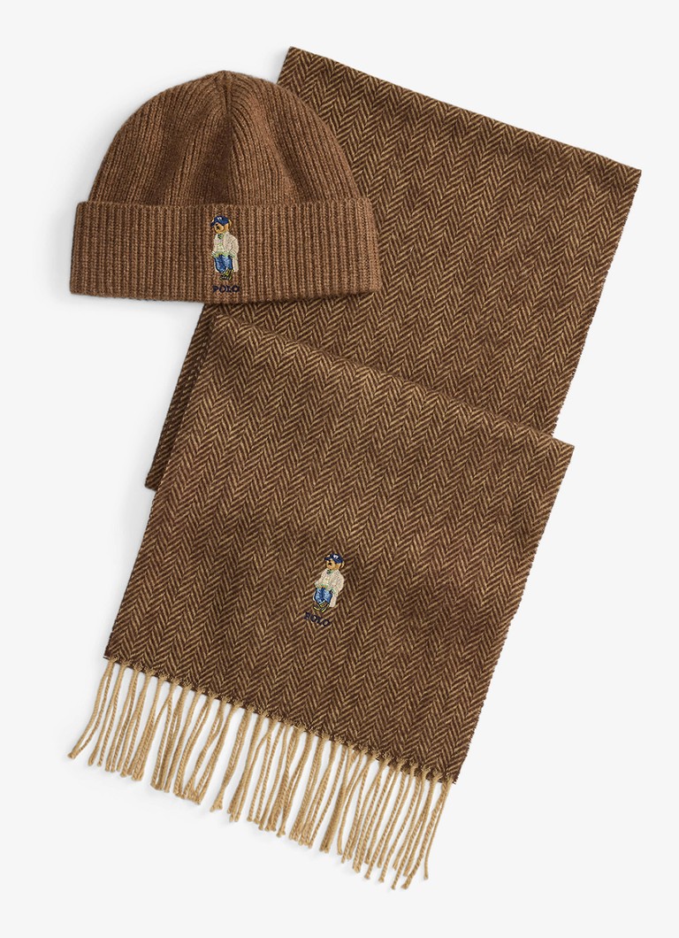 Ralph Lauren Heren Muts en sjaal van wol in giftbox in de kleur Brown Heather / Bruin