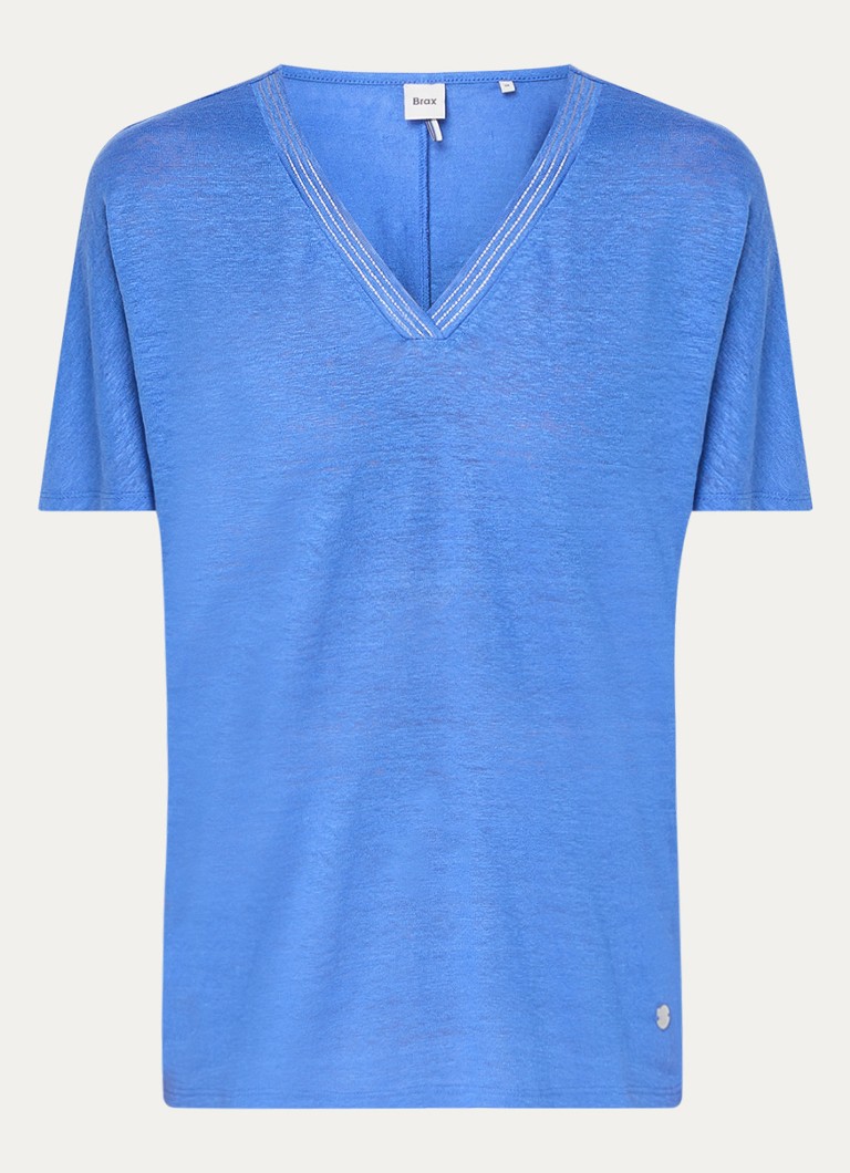 BRAX Dames Caelen T-shirt van linnen met V-hals in de kleur Blauw