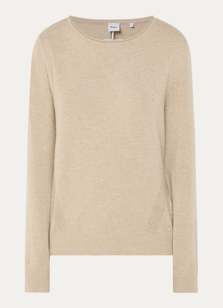 BRAX Dames Lisa fijngebreide trui in kasjmier scheerwolblend met boothals in de kleur Beige