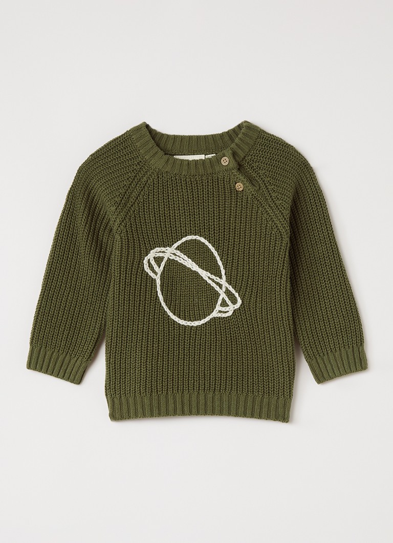 Lil 'Atelier Jongens NBFEmlen grofgebreide trui met borduring in de kleur Legergroen, maat: 86