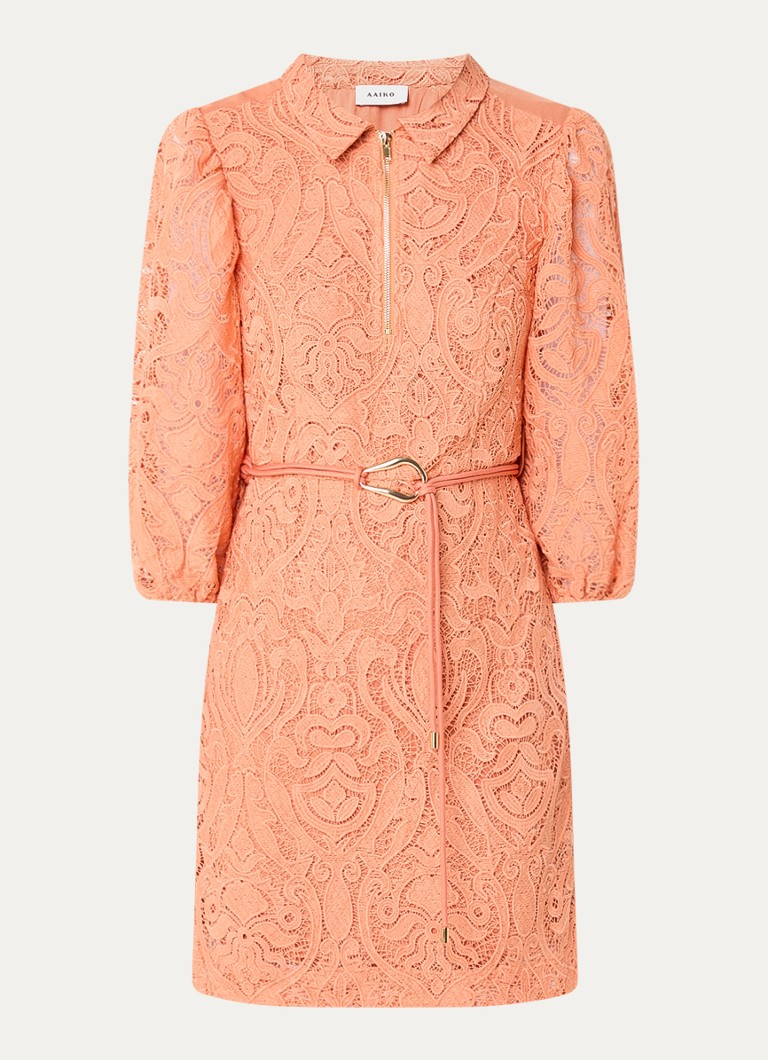 Aaiko Dames Semira mini tuniekjurk met broderie en strikceintuur in de kleur Oranje