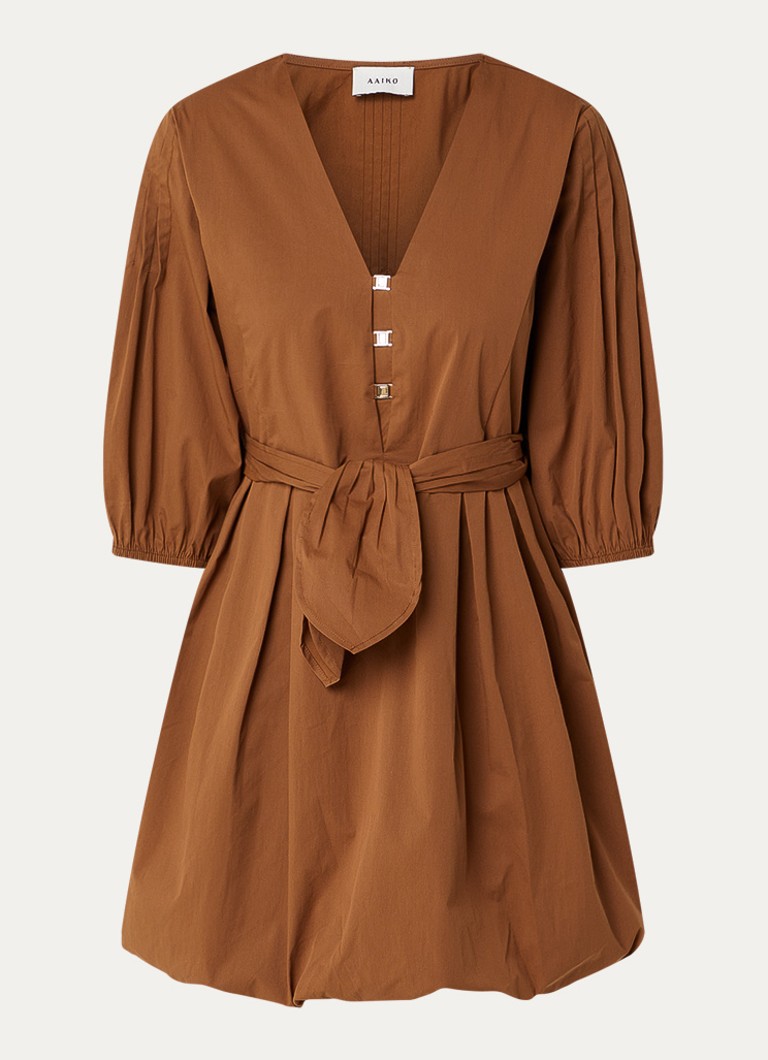 Aaiko Dames Isolde mini jurk met ceintuur en ballonmouw in de kleur Cognac
