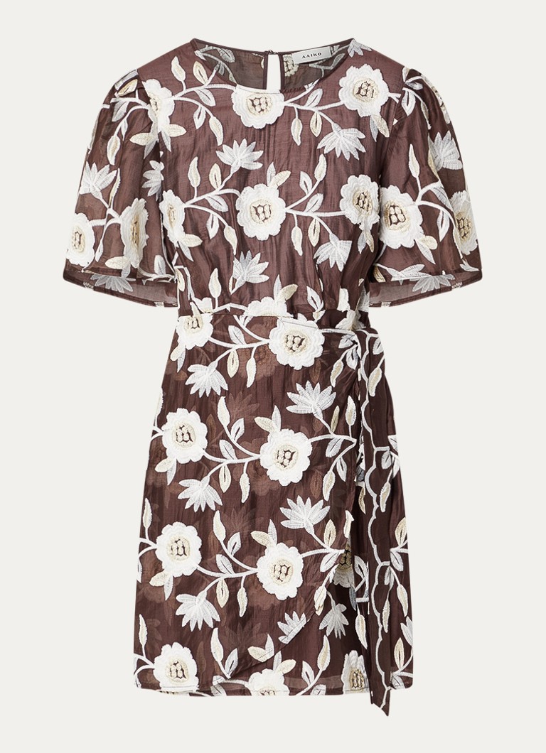 Aaiko Dames Celina mini jurk met ceintuur en bloemenprint in de kleur Donkerbruin