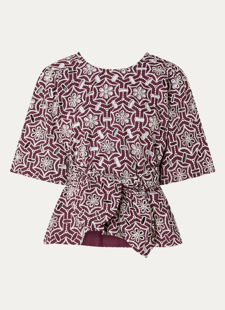 Aaiko Dames Georgie top met strikceintuur en opengewerkt dessin in de kleur Aubergine