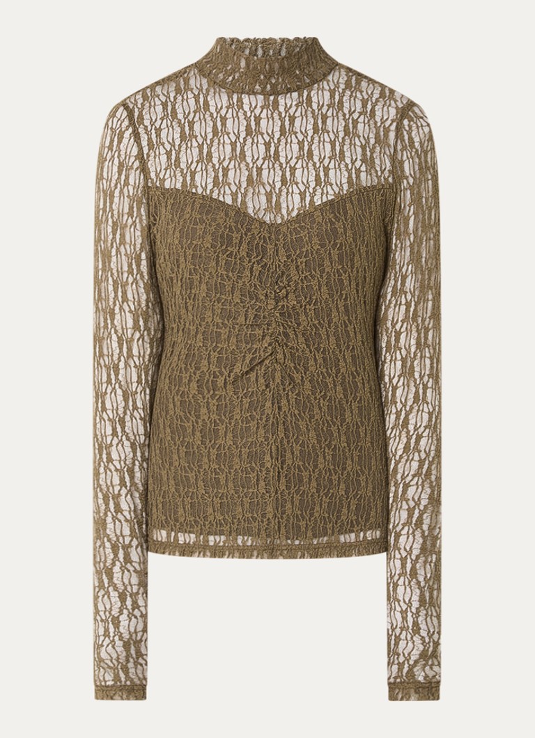 Aaiko Dames Amy semi-transparante top met broderie in de kleur Olijfgroen
