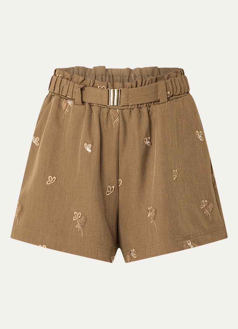 Aaiko Dames Rikkie high waist loose fit korte broek met pailletten en borduring in de kleur Mosgroen