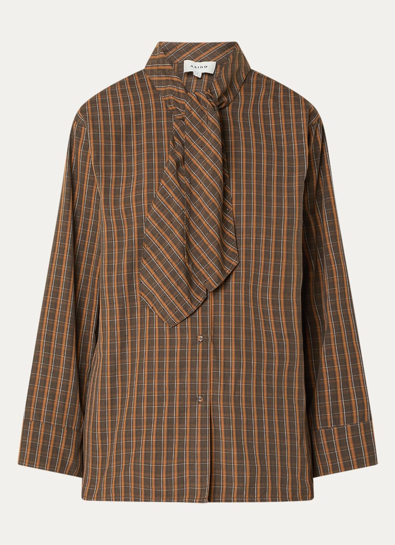 Aaiko Dames Janesse blouse met ruitdessin en sjaalkraag in de kleur Bruin