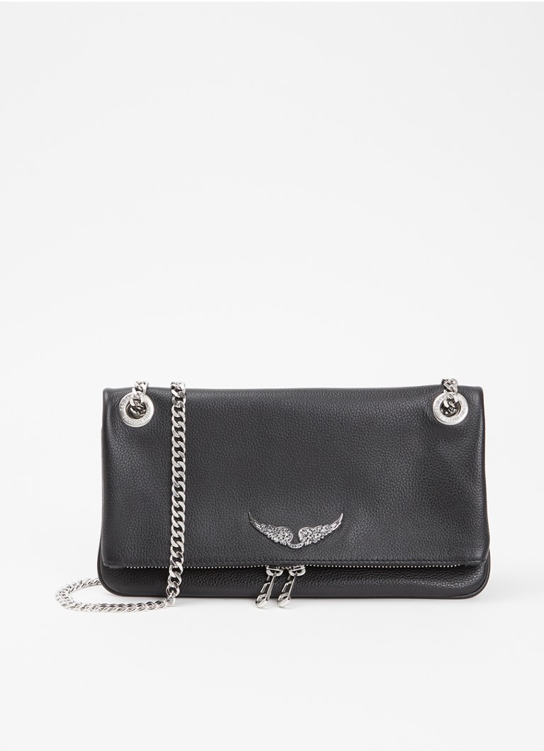 Zadig&Voltaire Dames Rock II Grained clutch van leer met verstelbare schouderriem in de kleur Zwart
