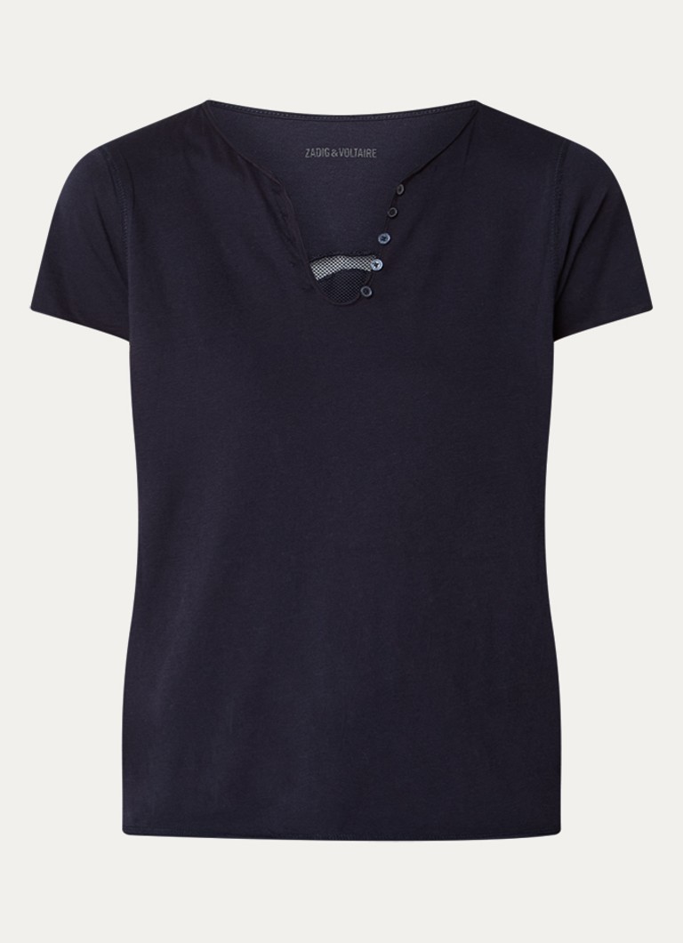 Zadig&Voltaire Dames Tunsien T-shirt met opengewerkt dessin en borduring in de kleur Donkerblauw