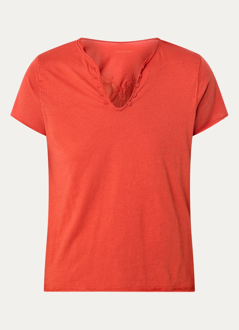 Zadig&Voltaire Dames Tunisien T-shirt met details van mesh en borduring in de kleur Oranjerood