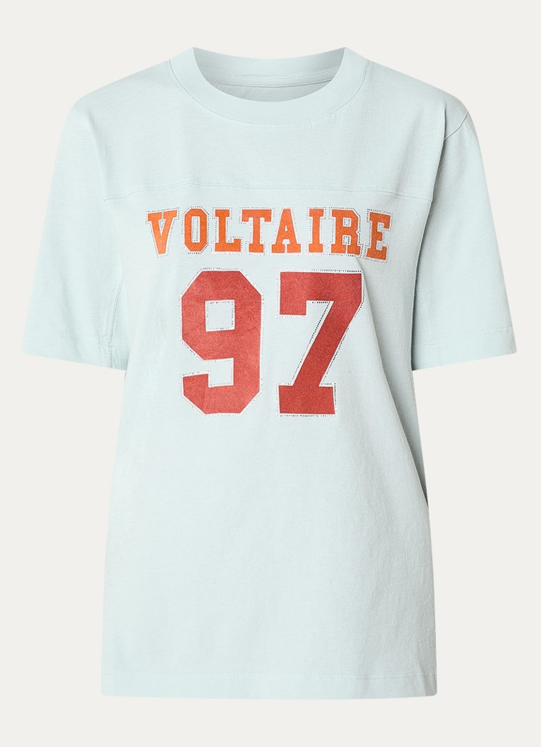 Zadig&Voltaire Dames T-shirt met logoprint en strass in de kleur Lichtblauw