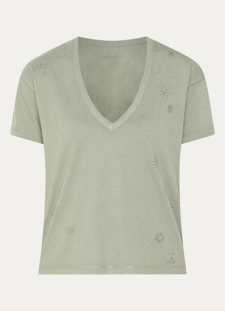 Zadig&Voltaire Dames Marta T-shirt in linnenblend met details van strass in de kleur Lindegroen