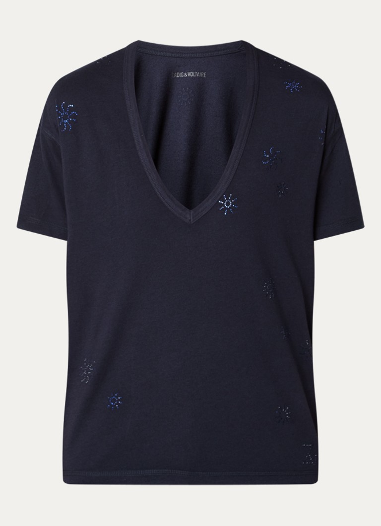 Zadig&Voltaire Dames Marta T-shirt in linnenblend met details van strass in de kleur Royalblauw