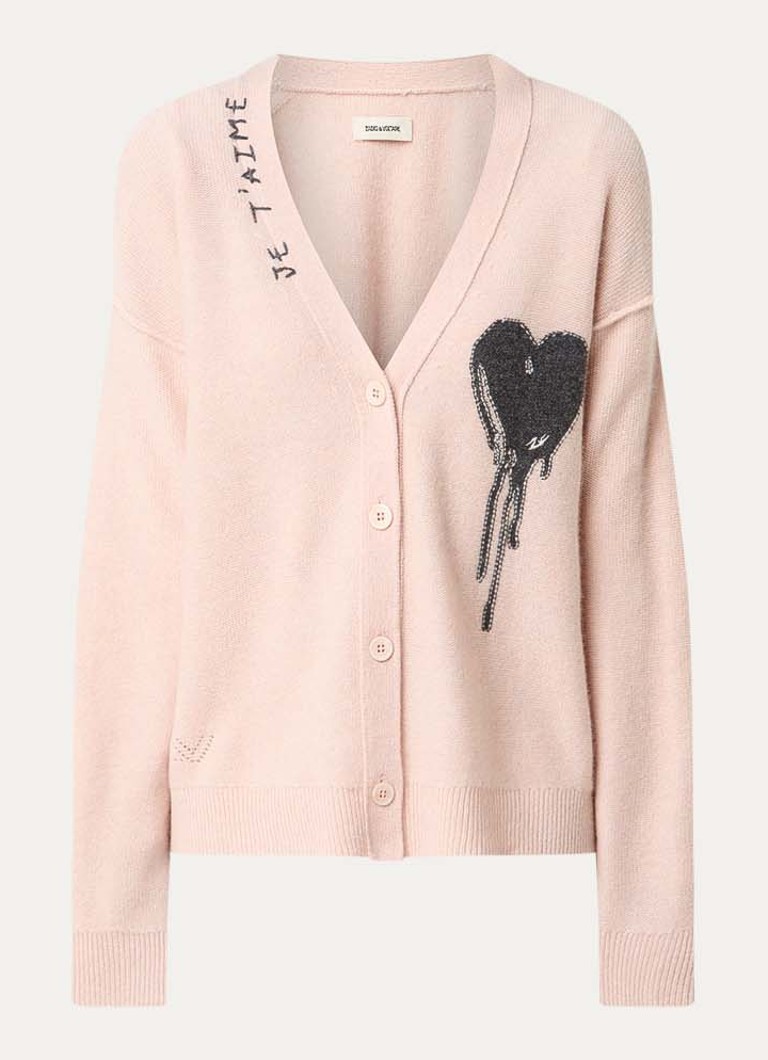 Zadig&Voltaire Dames Mirkaz grofgebreid vest van kasjmier met logoprint in de kleur Lichtroze