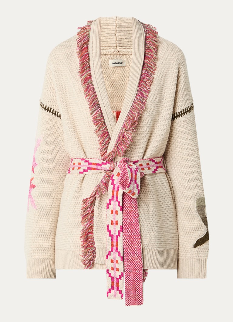 Zadig&Voltaire Dames Alpa grofgebreid vest in kasjmier wolblend met ingebreide print in de kleur Beige