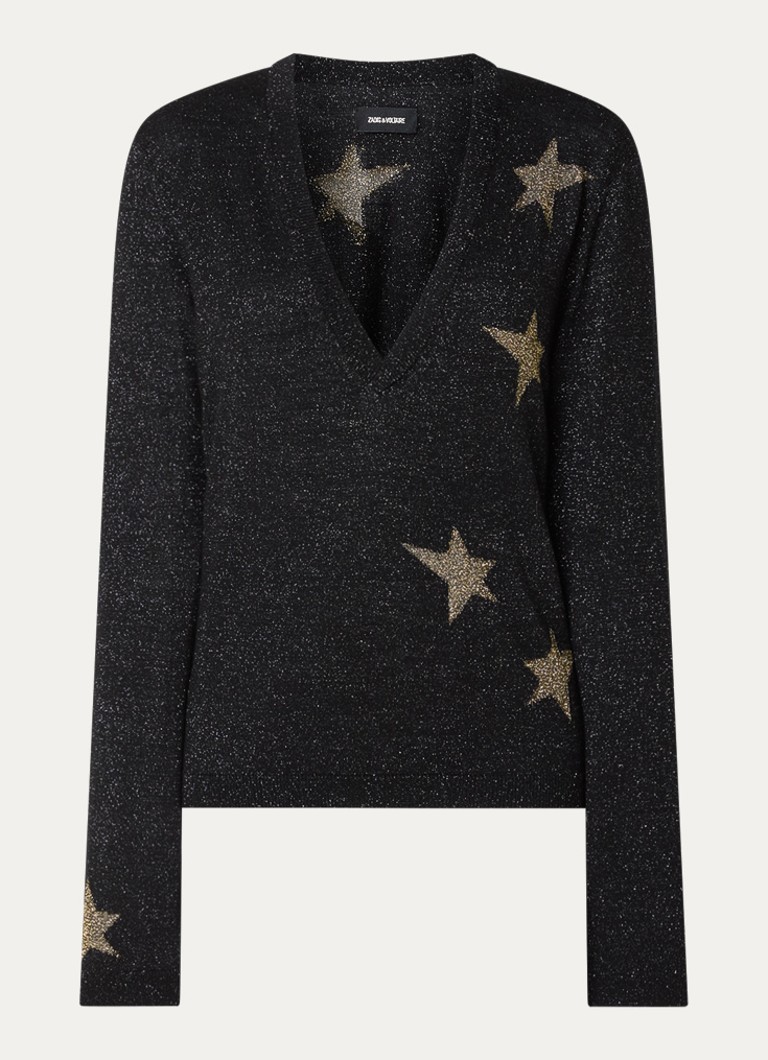 Zadig&Voltaire Dames Rivyl fijngebreide trui in merino wolblend met lurex en print in de kleur Zwart