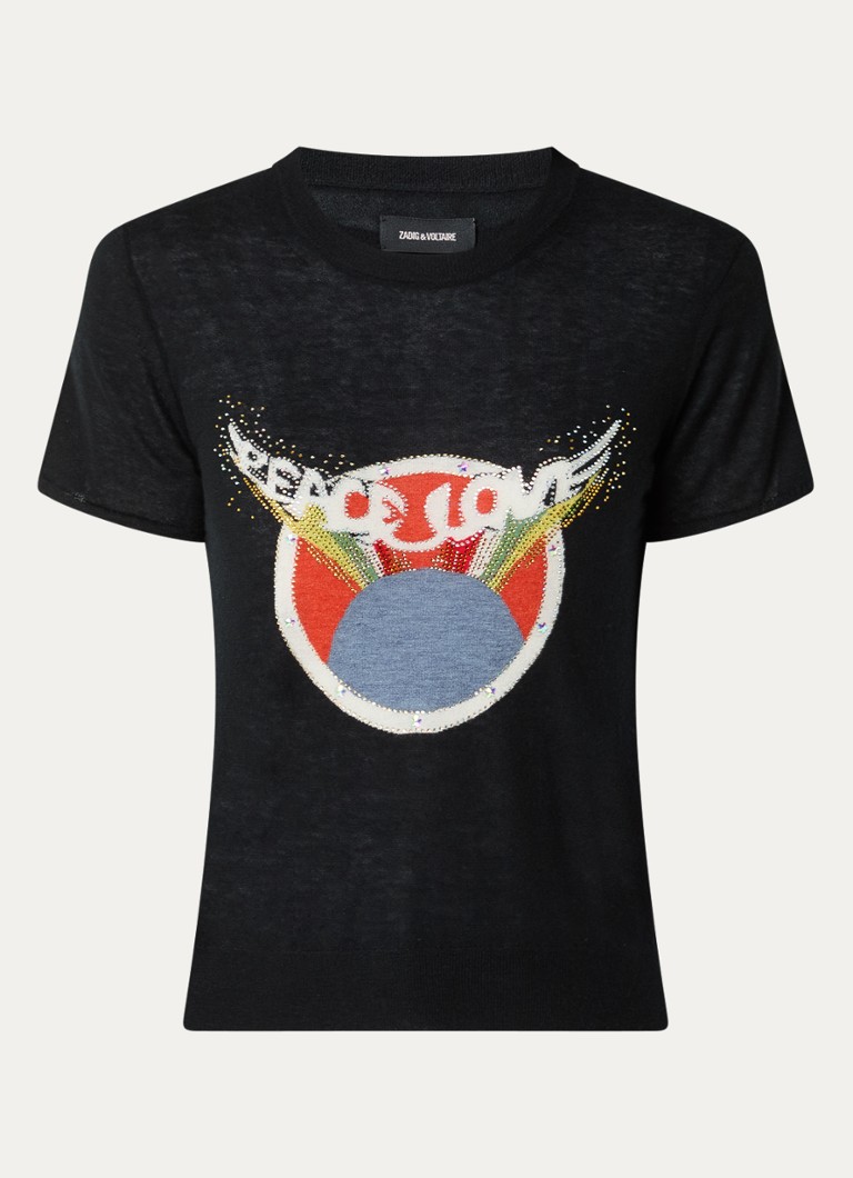 Zadig&Voltaire Dames Idal fijngebreid T-shirt van kasjmier met ingebreide print en strass in de kleur Zwart