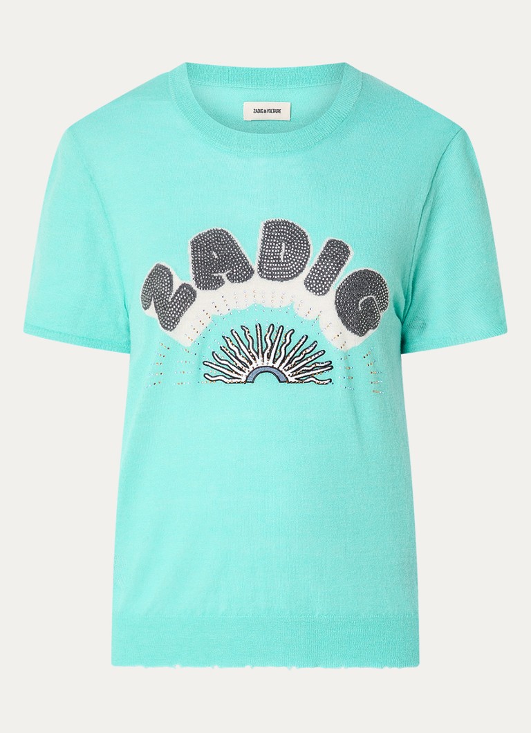 Zadig&Voltaire Dames Idal fijngebreide trui van kasjmier met logo en strass in de kleur Turquoise