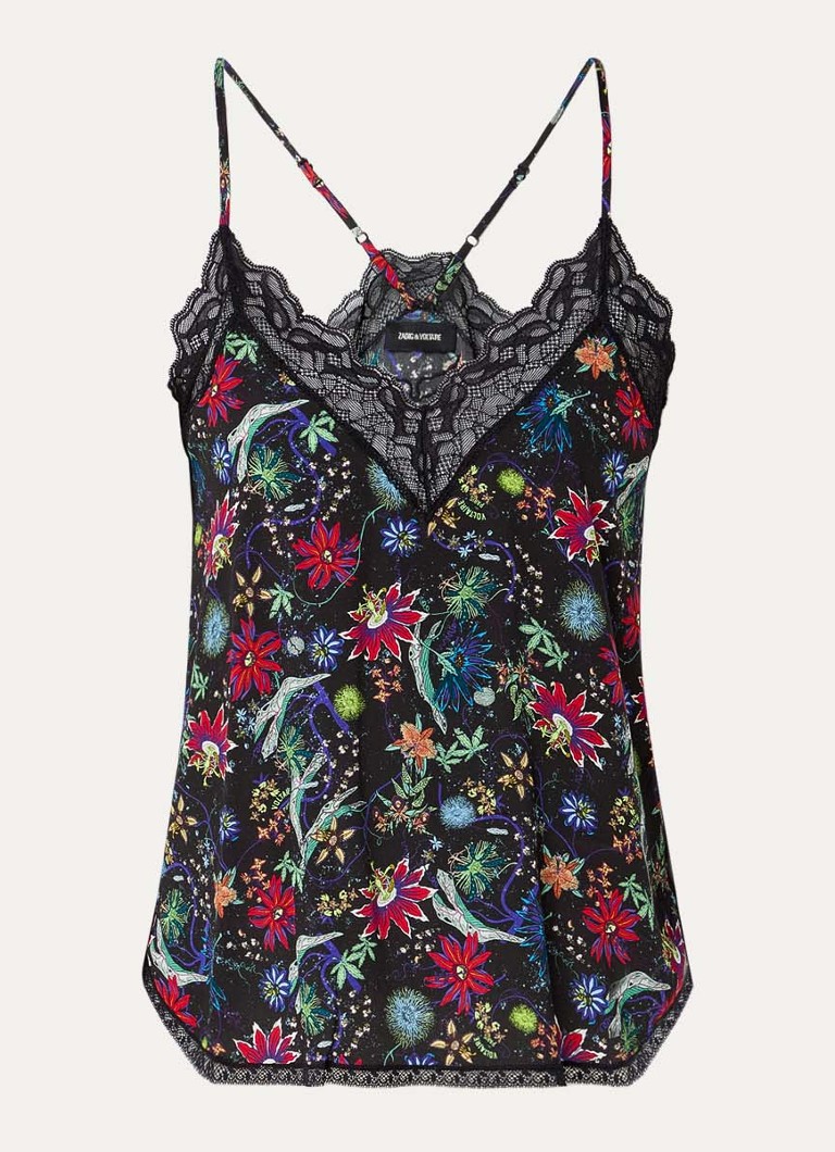 Zadig&Voltaire Dames Christy top met bloemenprint en details van kant in de kleur Zwart