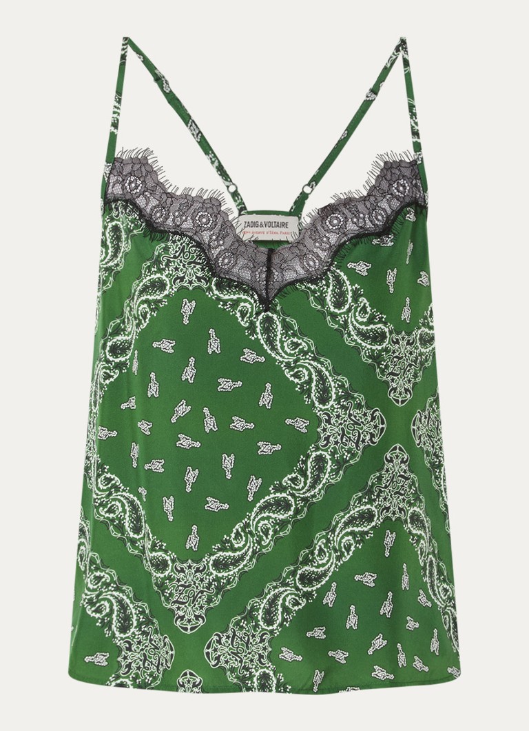 Zadig&Voltaire Dames Cespa spaghettitop van zijde met details van kant en paisley dessin in de kleur Donkergroen