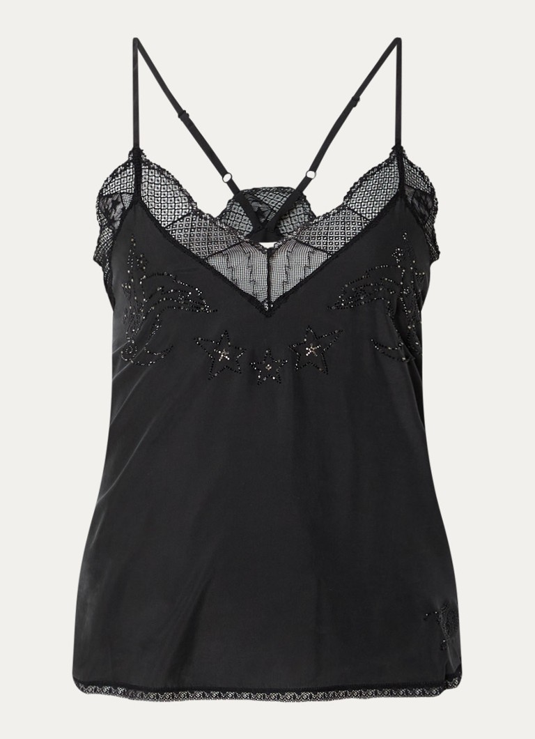 Zadig&Voltaire Dames Christy top van zijde met details van kant in de kleur Antraciet