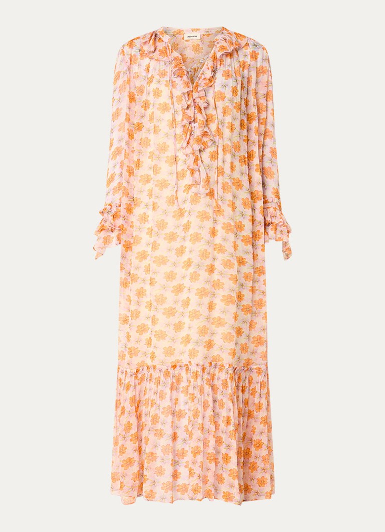 Zadig&Voltaire Dames Ralicel maxi tuniekjurk met bloemenprint en ruches in de kleur Oranje