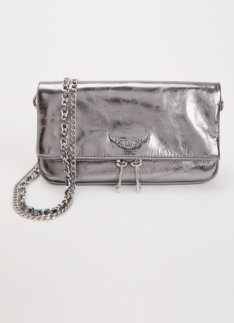 Zadig&Voltaire Dames Rock Nano clutch van leer met metallic finish en afneembare schouderriem in de kleur Zilver