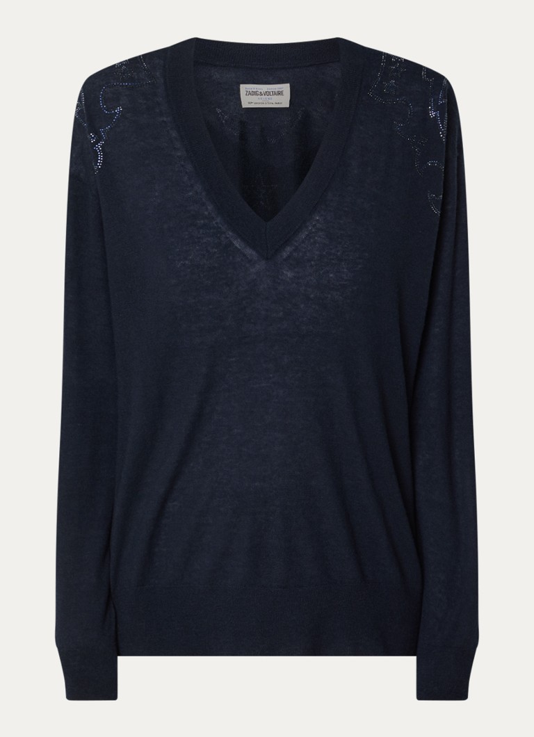Zadig&Voltaire Dames Fijngebreide pullover van kasjmier met strass in de kleur Donkerblauw